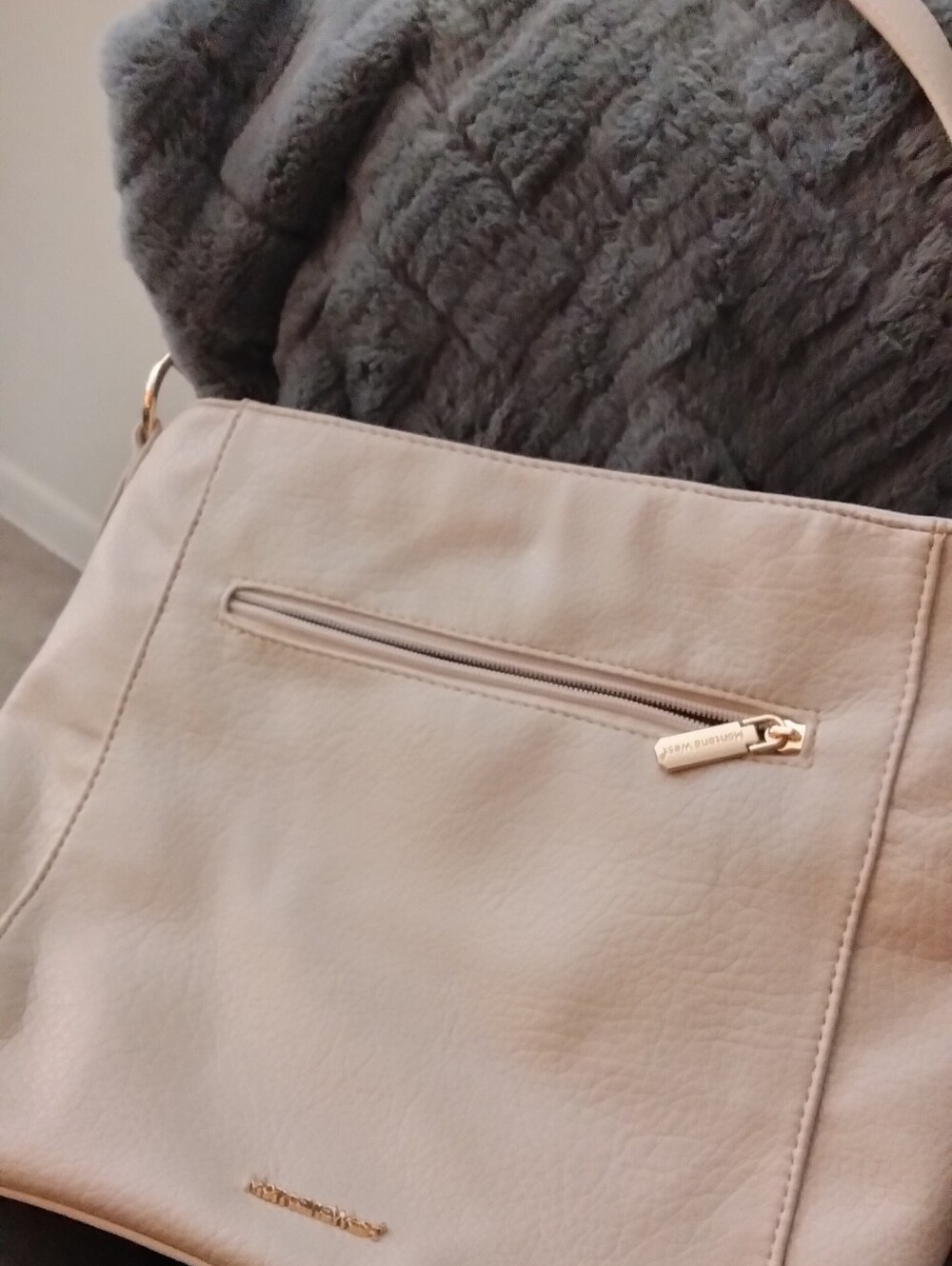 Light Beige Womens Shoulder Bag with Gold Accents